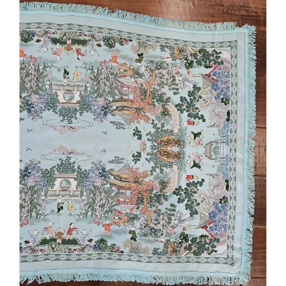 RARE VTG Brocaded Scenic Silk Chinese Tapestry Tablecloth Turquoise Fringe 55x38